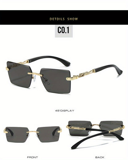 Luxury Frameless Sunglasses Gold Frame Leopard Arms UV400 – Narrow Rectangular Lens Rimless Eyewear for Men Women, Driving Travel Party, 5 Lens Options, Includes Case & Cloth