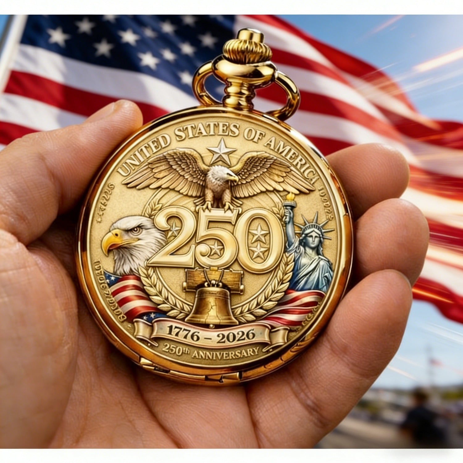 1776-2026 USA 250th Anniversary Pocket Watch - Retro Winding Watch with Bald Eagle & Statue of Liberty, Suitable for History Buffs, Gift for 250 Years of Commemorative Timepiece