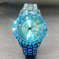 MISSFOX Luxury Rhinestone Couples' Watch - Ice Blue & Red, Quartz Movement with Calendar Feature, Luminous Display for Men and Women - Perfect Party Gift, Ice Blue Rhinestone, Unique, Fashion