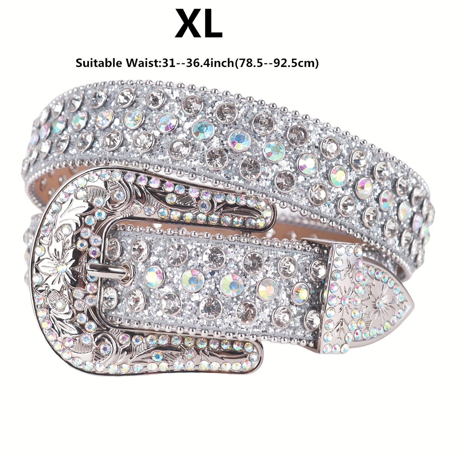 Silvery Sparkle Rhinestone Belts Women'S Luxury Bling Bling Carved Buckle Belt Punk Cowgirl Cowboy Crystal Studded Belts for Jeans