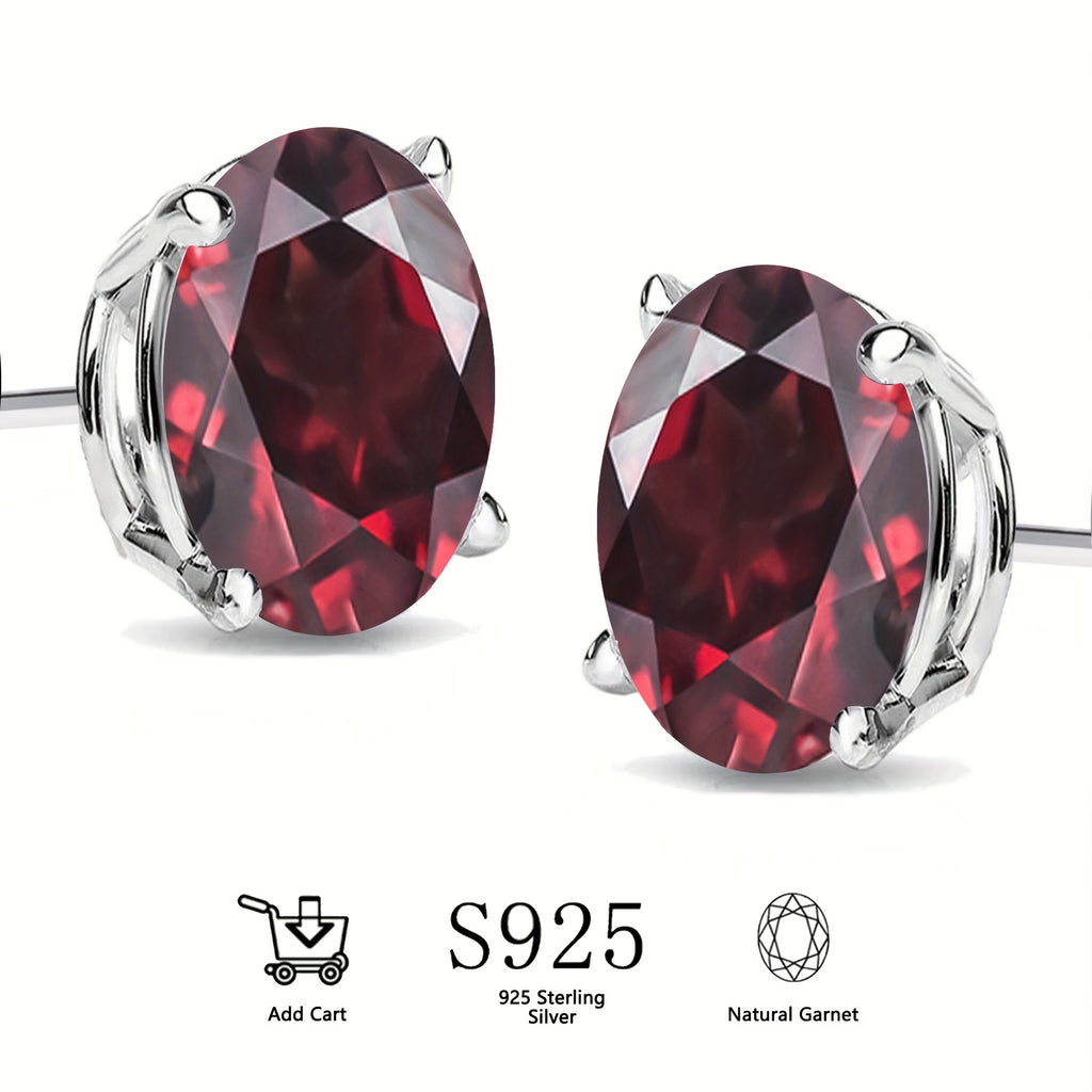 S925 Silver Stud Earrings with Natural Garnet, Each Oval-Cut Weighing 1.0 Carat, Deep Red Natural Garnet, Birthstone for January, Ideal Natural Jewelry Present for Cherished Ones