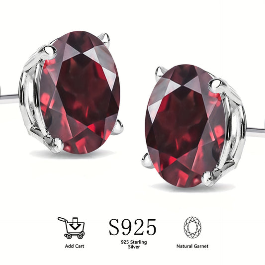 S925 Silver Stud Earrings with Natural Garnet, Each Oval-Cut Weighing 1.0 Carat, Deep Red Natural Garnet, Birthstone for January, Ideal Natural Jewelry Present for Cherished Ones