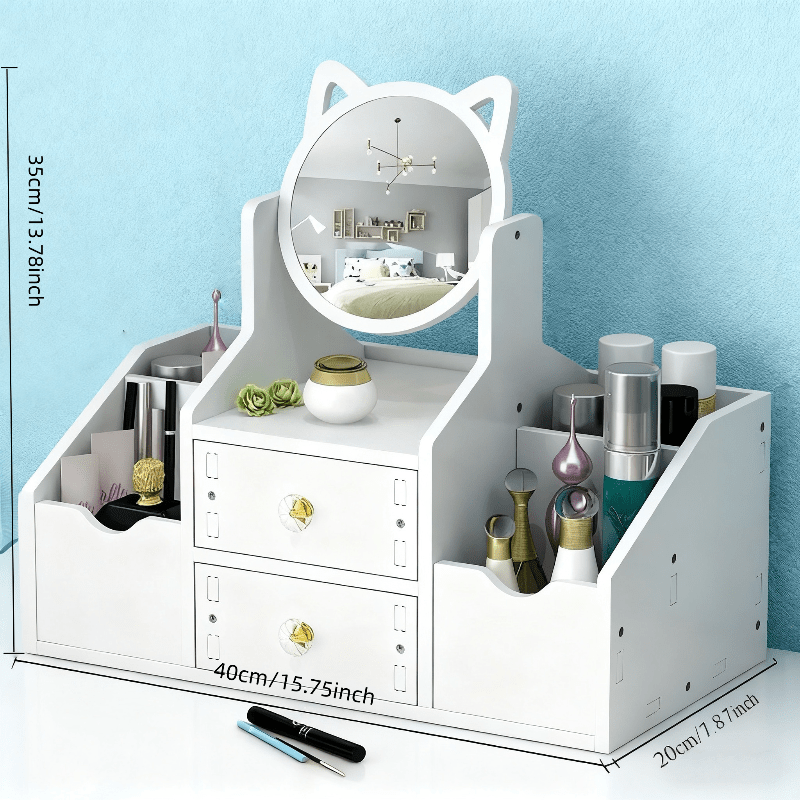 Jewelry Box with Cat Ear Mirror Large Dressing Table Organizer for Bedroom Home Storage Cute Aesthetic Jewelry Organizer Birthday Christmas Gift for Her