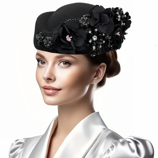 [Valentine's Day Gift] Vintage Floral Lace Beret Hat for Women - Lightweight Non-Stretch Polyester with Rhinestone Embellishments, Blue/White/Black/Red - Perfect for Parties, Tea Parties & Special Occasions - Valentine's Day Gift for Her