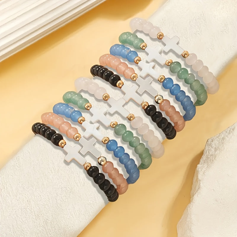 10pcs Elegant Cross Glass Bead Bracelet Set, Multi-layer Elastic Wristband Accessories, Suitable for Daily Wear And Party Occasions
