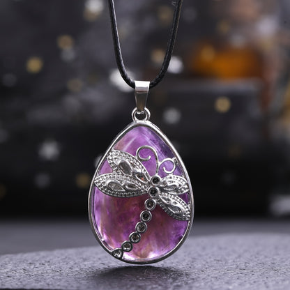 Pendant Necklace Set 10pcs – Dragonfly Charm with Natural Water Drop Stone, 5 Pendants + 5 Adjustable Rope Necklaces, Boho Jewelry Gift for Women