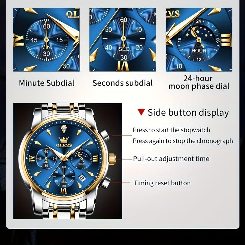 Men's Luxury Moon Phase Chronograph Watch - Two-Tone Stainless Steel Analog Quartz Dress Wristwatch with Luminous Hands & Date Display, Classic Business Timepiece for Men