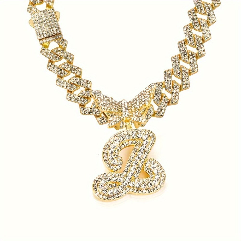 Cuban Link Chain Necklace - Initial Letter for Men Women - with Butterfly Alphabet Pendant A-Z, Gold & - product detail view