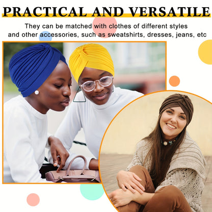 Turban Head Wraps for Women 15 Pack – Bohemian Pleated Pre-Tied Twisted Headbands, Solid Color Vintage Style Beanie Caps, Breathable Soft Hair Wraps