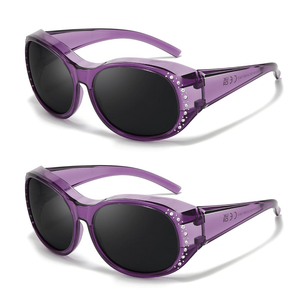 Polarized Fit Over Glasses for Women 2 Pack, Rhinestone Accent Wraparound Sunglasses Over Prescription Eyeglasses, UV Protection Glare Reduction Fashion Sunglasses — No Adapter Needed, Multiple Color Combos