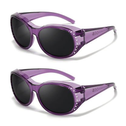 Polarized Fit Over Glasses for Women 2 Pack, Rhinestone Accent Wraparound Sunglasses Over Prescription Eyeglasses, UV Protection Glare Reduction Fashion Sunglasses — No Adapter Needed, Multiple Color Combos