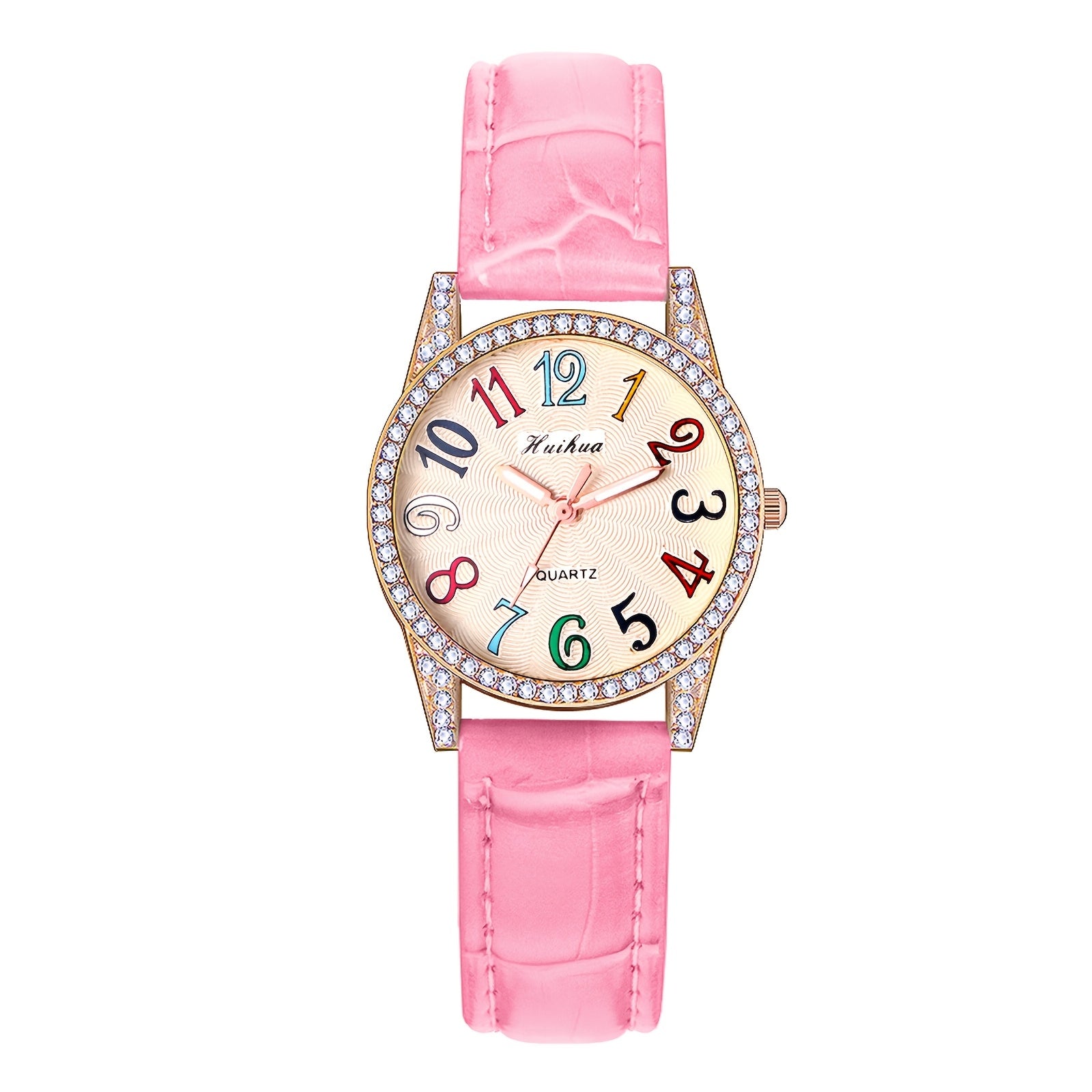 Women Colorful Arabic Numerals Rhinestone Dial PU Leather Band Watch Quartz Wristwatch Teens Christmas Gift