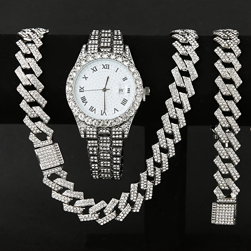 3pcs/5pcs, A Fashionable Hip-hop Watch Set with Waterfall Chain Bracelet And Necklace - Sparkling Water Droplets, Classic Design, Suitable for Men's Wear