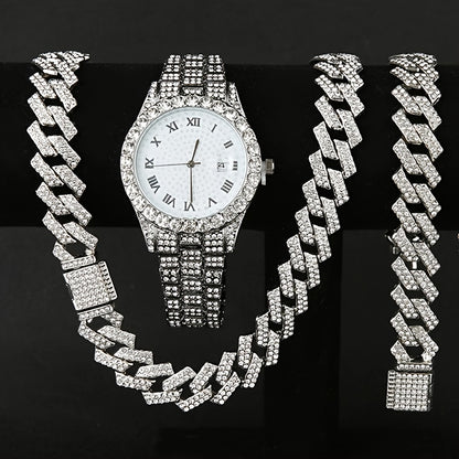 Men's Hip-Hop Watch & Waterfall Chain Jewelry Set – Sparkling Bracelet & Necklace Combo, 3pcs or 5pcs Bundle in Gold & Silver for Men