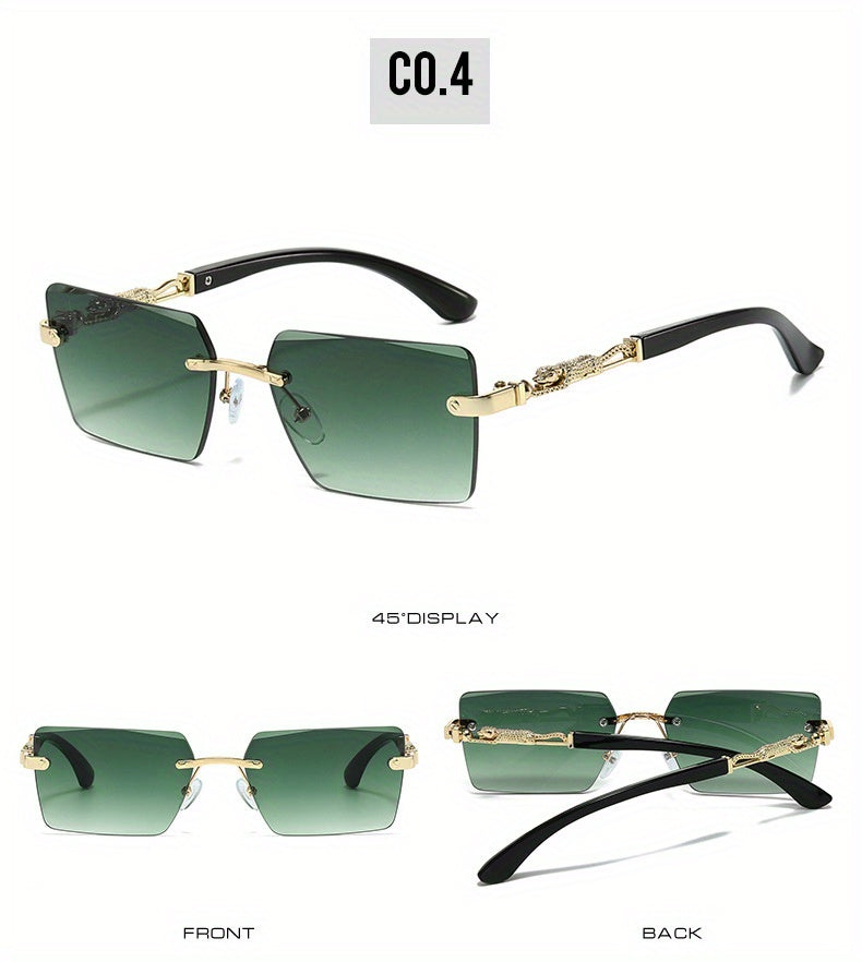 Luxury Frameless Sunglasses Gold Frame Leopard Arms UV400 – Narrow Rectangular Lens Rimless Eyewear for Men Women, Driving Travel Party, 5 Lens Options, Includes Case & Cloth