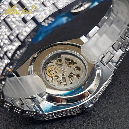 Men's Rhinestone Skeleton Mechanical Watch | Hip-Hop Luxury Iced Out Diamond Dial Automatic Wristwatch, Gold & Silver Fashion Timepiece for Men