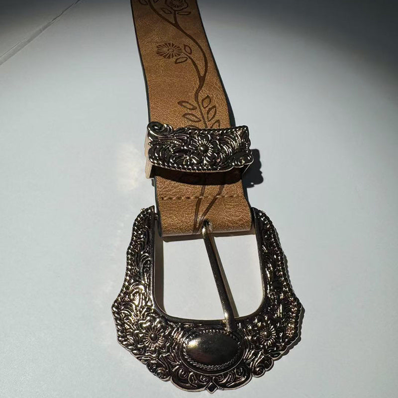 Durable & Extensive-Clothing Engraved Floral Buckle Western Belt - Vintage Style Embossed Flower on Waistband; A Stylish, Everyday Accessory That Pairs Well with Casual Dress Jeans and Shirts for Man and Woman Wear
