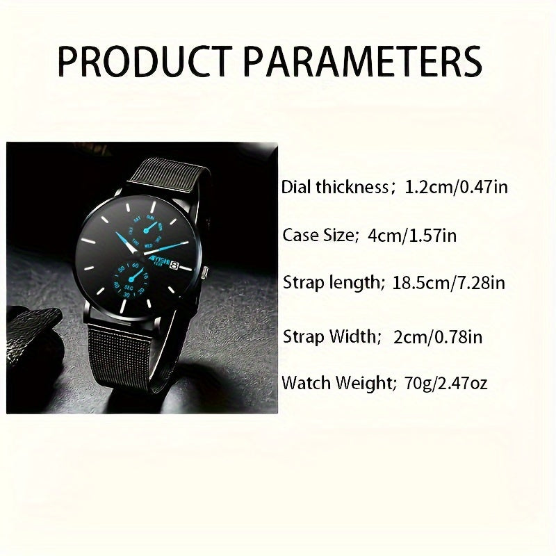 Men's Fashion Quartz Watch With Blue And Red Accents, Stainless Steel Mesh Strap, Modern Design, 14 Mm Case Thickness, Stylish Gift With Box
