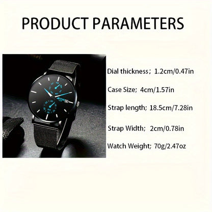 Men's Quartz Watch Stainless Steel Mesh Strap with Gift Box, Modern Slim 14mm Case Fashion Wristwatch with Color Accent Dial, Available in Black Red & Black Blue