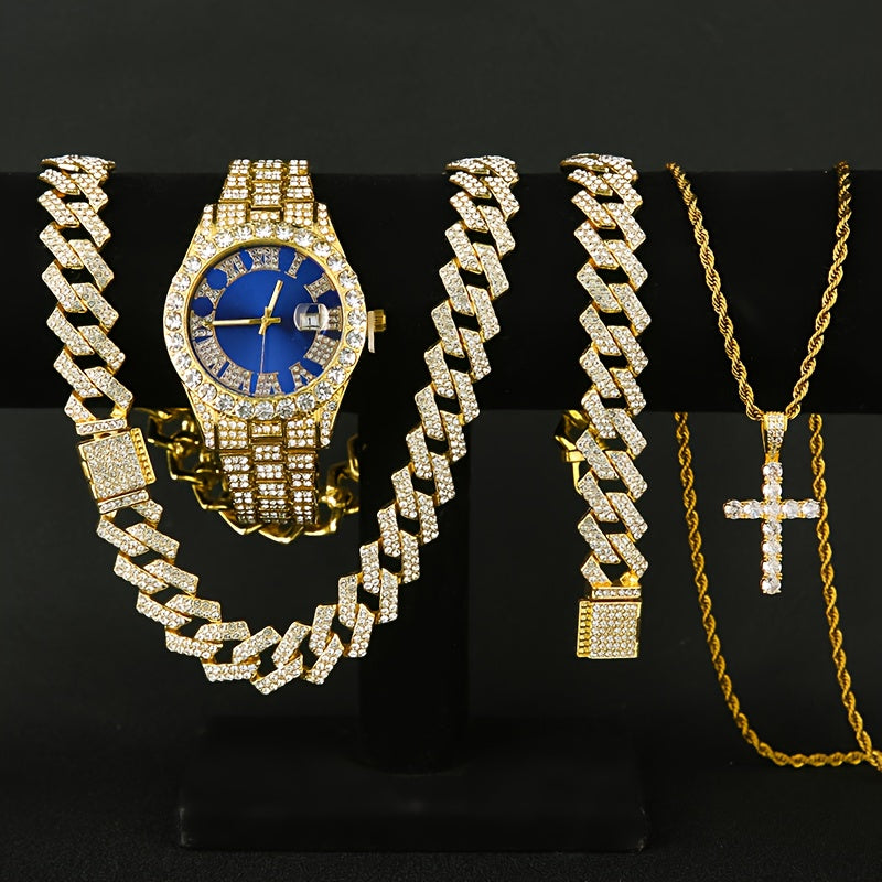 Men's Rhinestone Quartz Watch & Jewelry Set – 3pcs or 4pcs Bundle with Cross Necklace & Bracelet, World-Time Feature, Gold & Silver Tones