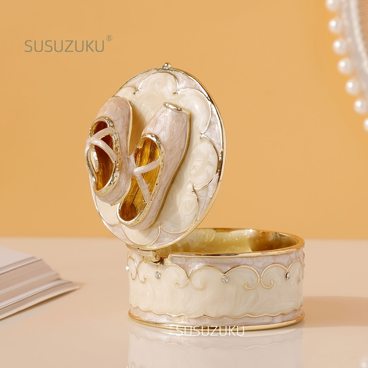 1pc Vintage Style Enamelled Metal Ballet Shoes Trinket Box, Round Magnetic Closure Jewelry Ornament, Decorative Dance Ring Holder Figurine