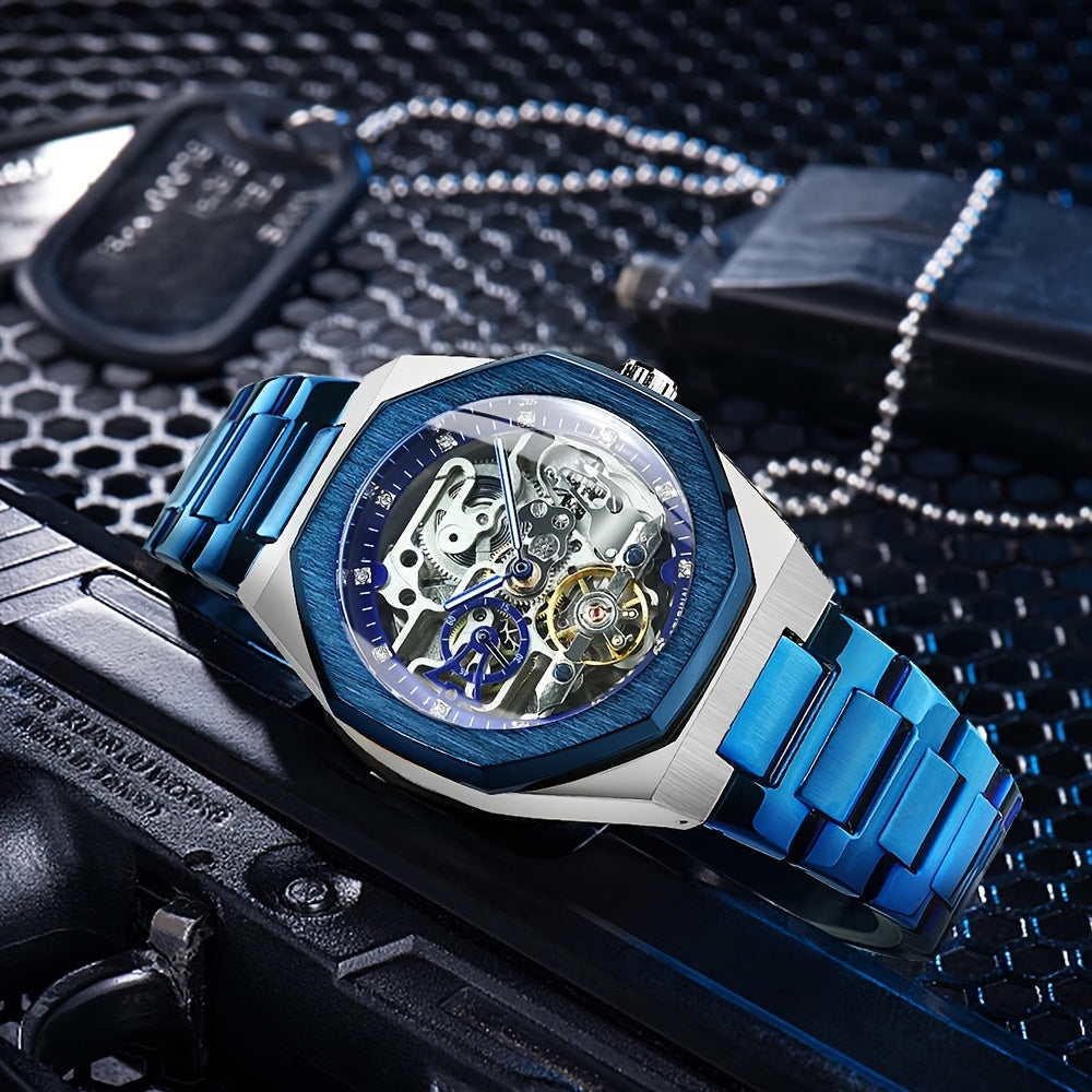 1pc FORSINING Men's Luxury Mechanical Watch - Skeleton Tourbillon, Luminous Hands, Stainless Steel Band, Irregular Case, Fashion Casual Style, Ideal for Christmas, Father's Day Gift, Luxury Business Watch | Automatic Watch | Without Battery