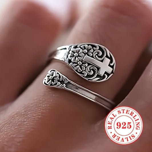 Adjustable Ring for Women - 925 Silver Boho Spoon, Engraved Open Band - 925 silver detail