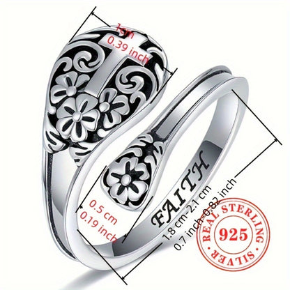 Adjustable Ring for Women - 925 Silver Boho Spoon, Engraved Open Band - size chart 0.39inch 0.5cm