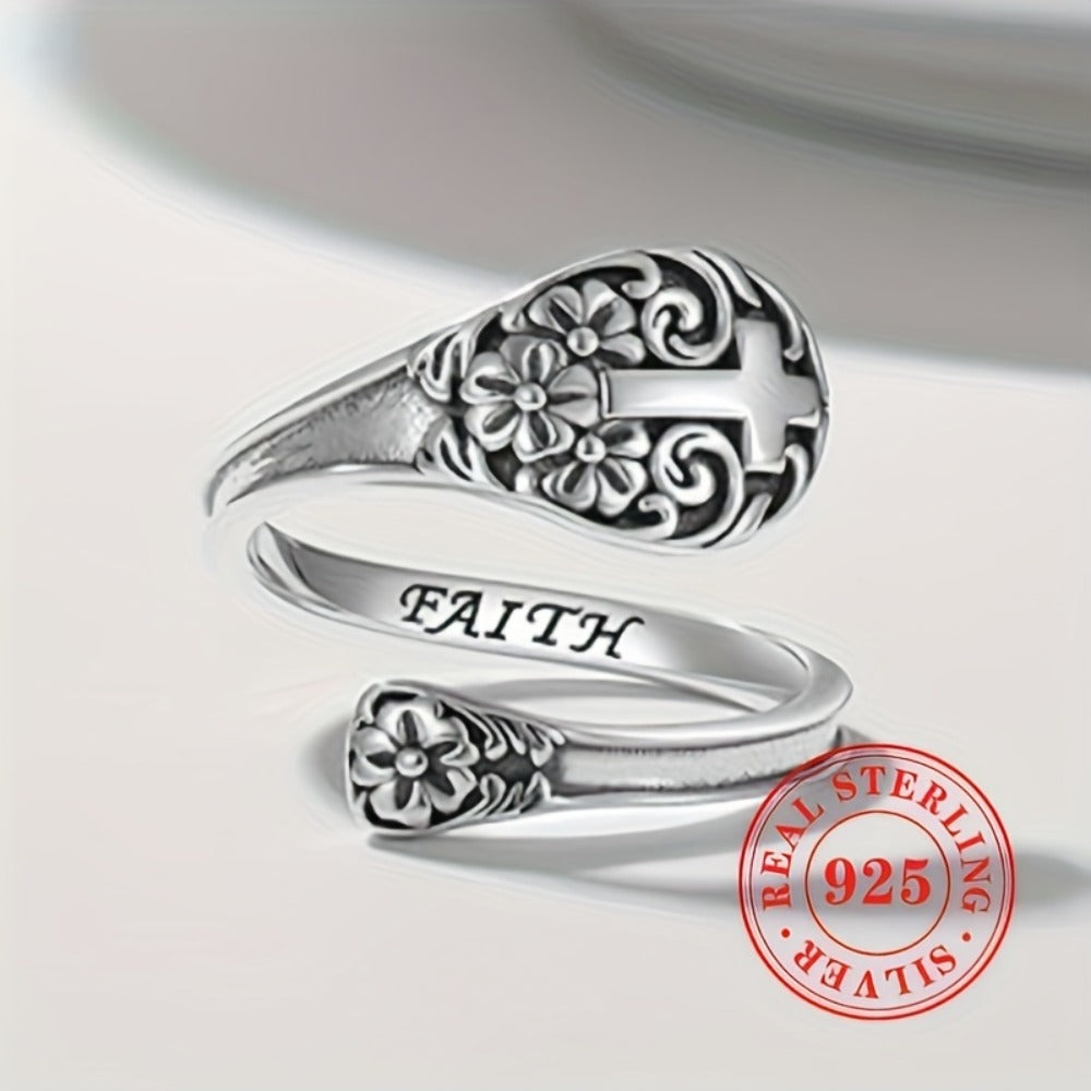 Adjustable Ring for Women - 925 Silver Boho Spoon, Engraved Open Band - 925 silver detail