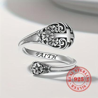 Adjustable Ring for Women - 925 Silver Boho Spoon, Engraved Open Band - 925 silver detail
