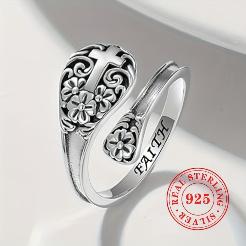 Adjustable Ring for Women - 925 Silver Boho Spoon, Engraved Open Band - 925 silver detail