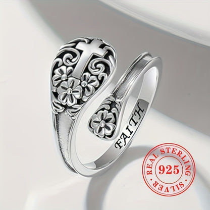 Adjustable Ring for Women - 925 Silver Boho Spoon, Engraved Open Band - 925 silver detail