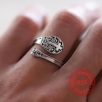 Adjustable Ring for Women - 925 Silver Boho Spoon, Engraved Open Band - 925 silver detail