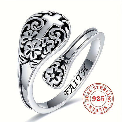 Adjustable Ring for Women - 925 Silver Boho Spoon, Engraved Open Band - 925 silver detail