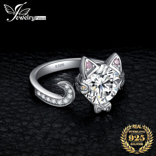 Adjustable Ring - Cat 925 Sterling Silver Love Cat with 3ct Round Cut Zirconia - Elegant - main product view