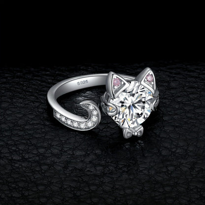 Adjustable Ring - Cat 925 Sterling Silver Love Cat with 3ct Round Cut Zirconia - Elegant - product detail view 3