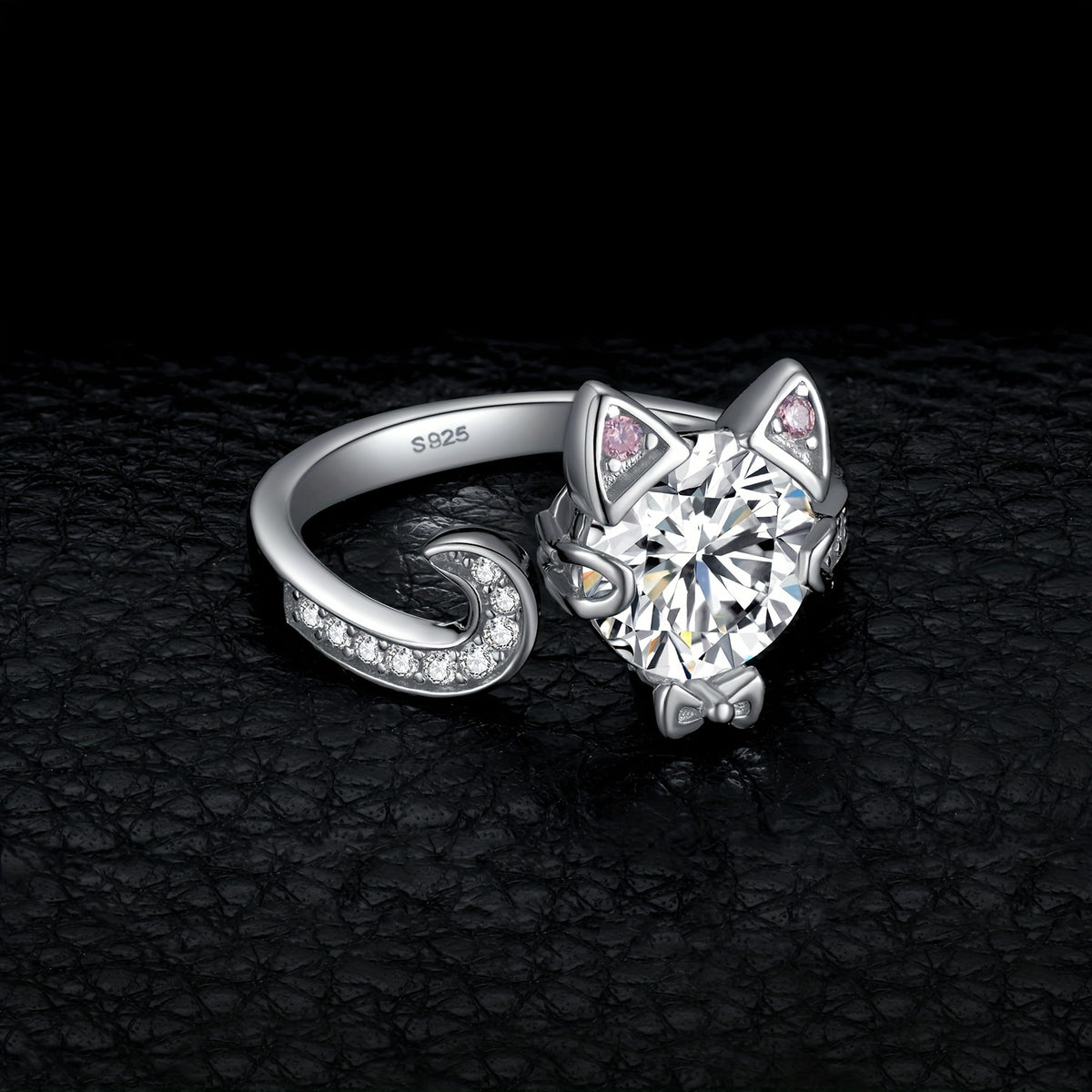 Adjustable Ring - Cat 925 Sterling Silver Love Cat with 3ct Round Cut Zirconia - Elegant - product detail view 13