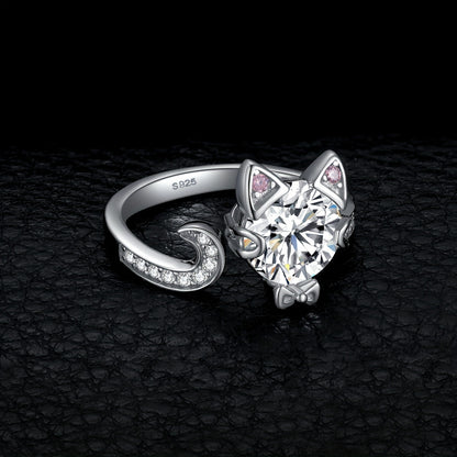 Adjustable Ring - Cat 925 Sterling Silver Love Cat with 3ct Round Cut Zirconia - Elegant - product detail view 13