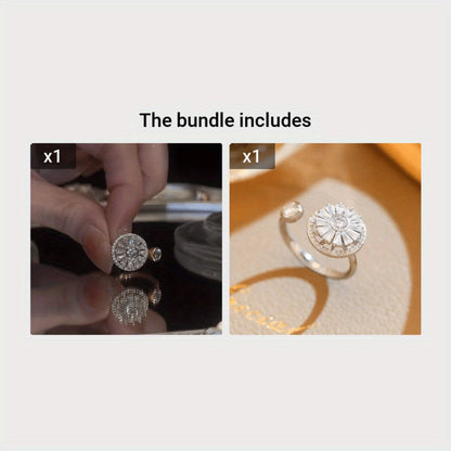 Adjustable Ring - Spinner S925 Sterling Silver with Cubic Zirconia - Rotating Open for - product detail view 6