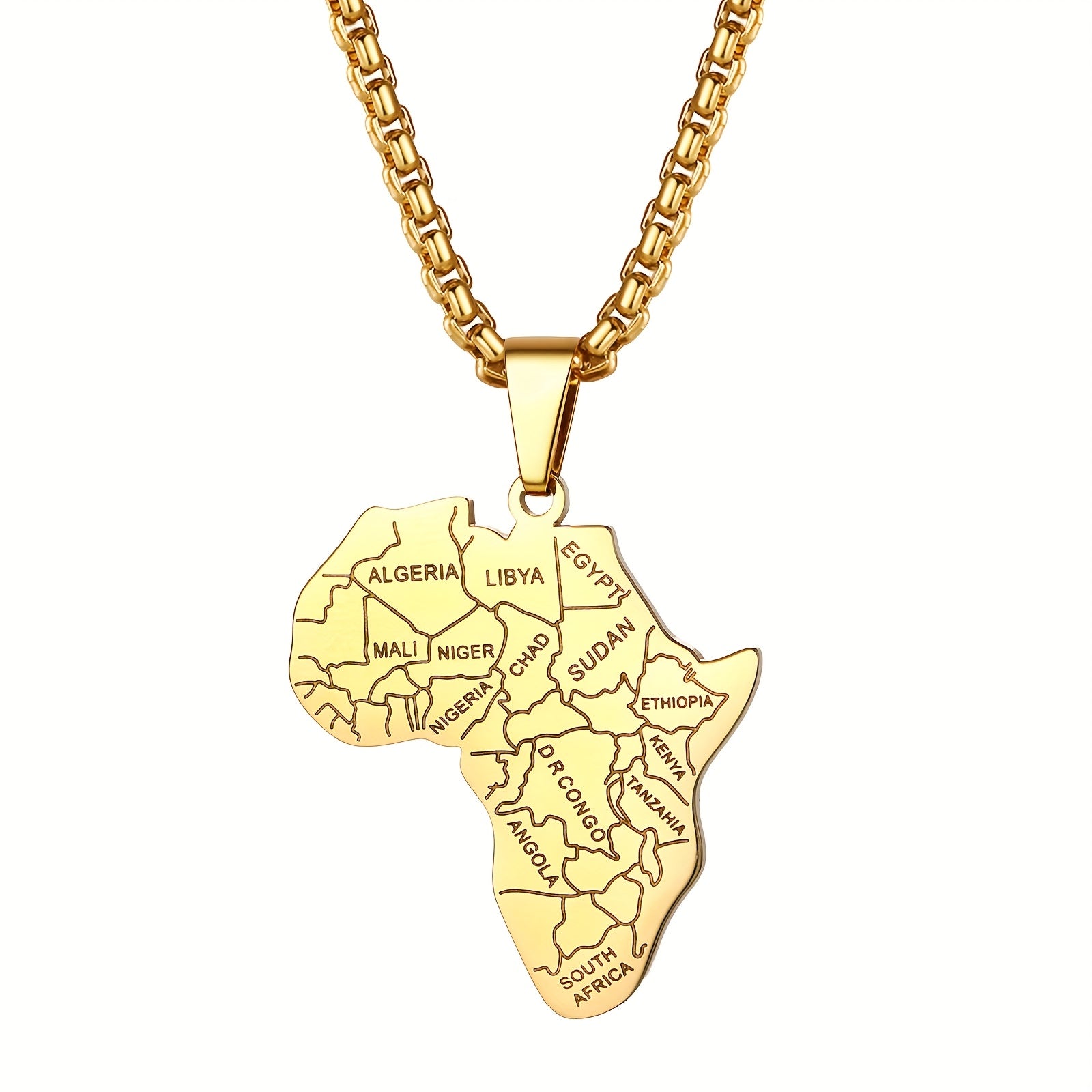 Flongo Men's Classic African Necklace Stainless Steel African Map Necklace Pendant with Wheat Chain