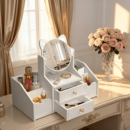 Jewelry Box with Cat Ear Mirror Large Dressing Table Organizer for Bedroom Home Storage Cute Aesthetic Jewelry Organizer Birthday Christmas Gift for Her
