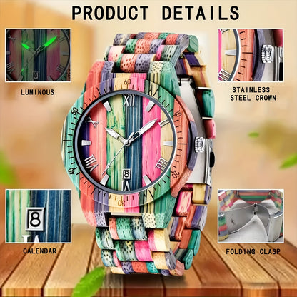 Handmade Bamboo Engraved Wooden Watch with Luminous Hands & Date Display - Lightweight Colorful Natural Wood Analog Quartz Wristwatch, Unique Eco-Friendly Gift for Men & Women
