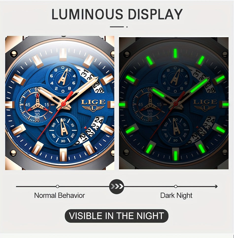 Men's Chronograph Quartz Watch with Luminous Dial & Calendar | Stopwatch, Outdoor Sports Casual Wristwatch – Black, Blue, Gold & Silver Color Options