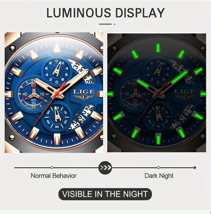Men's Chronograph Quartz Watch with Luminous Dial & Calendar | Stopwatch, Outdoor Sports Casual Wristwatch – Black, Blue, Gold & Silver Color Options