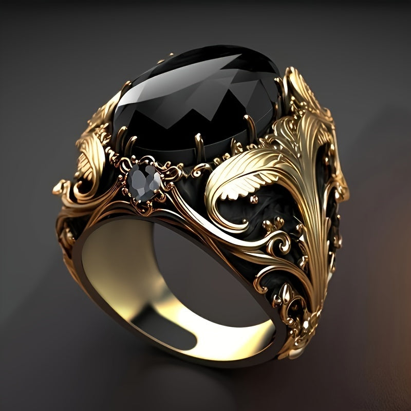 A Vintage Men'S Ring with a Black Oval Setting And Cubic Zirconia Retro Surface, Elegant Single Ring Jewelry Gift for Both Women And Men, a Daily Casual Ring, Without Battery