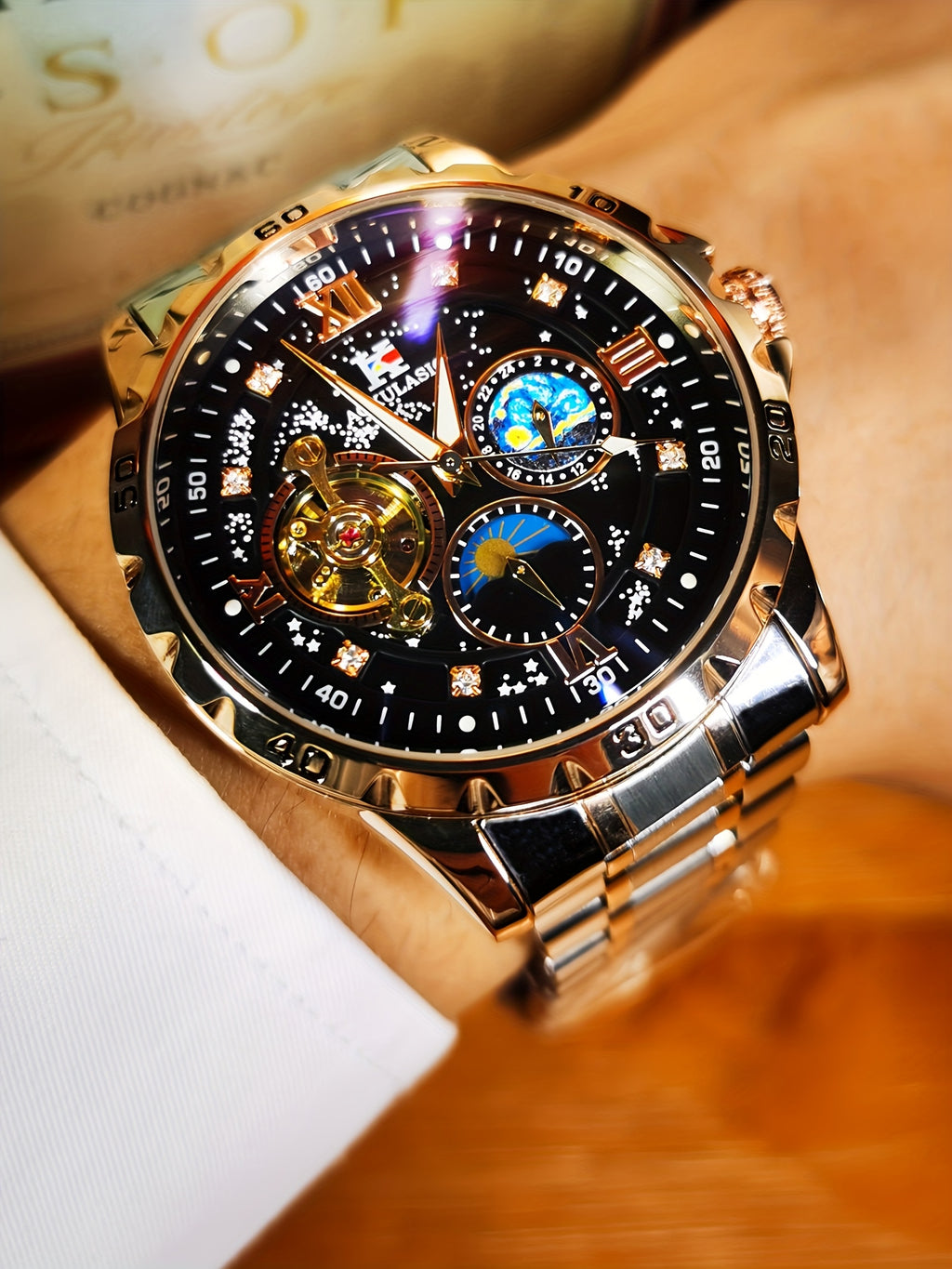 Top Brand Men Fashion Tourbillon Skeleton Automatic Mechanical Watch, Rose Golden Case Stainless Steel Strap, Iced Out Starry Sky Luminous Dial, Business Casual Mens Watches, 1pc, Gifts with Box