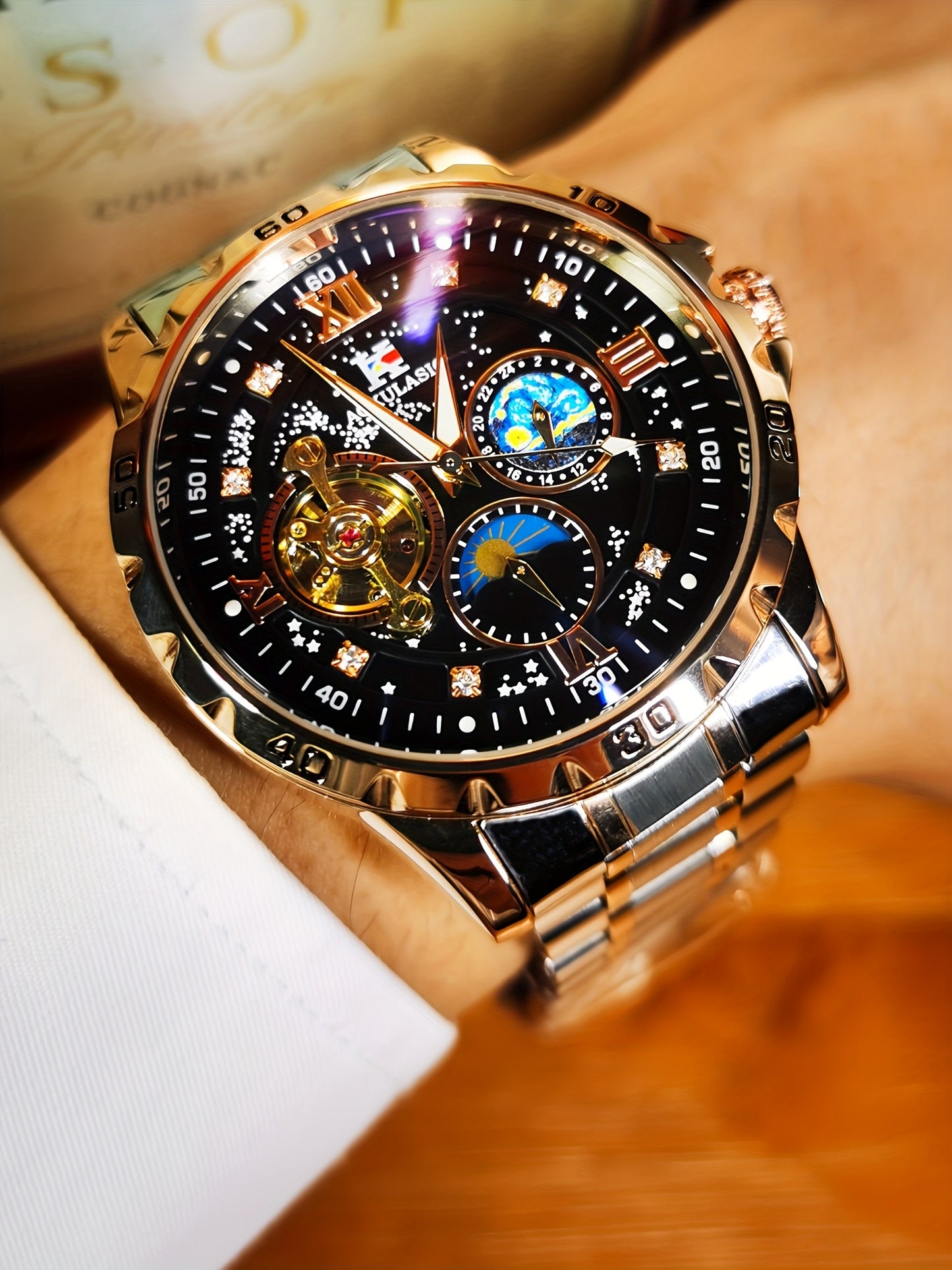Automatic Mechanical Watch Men Tourbillon Skeleton Rose Gold Stainless Steel – Starry Sky Luminous Dial Iced Out Business Casual Wristwatch Gift Box