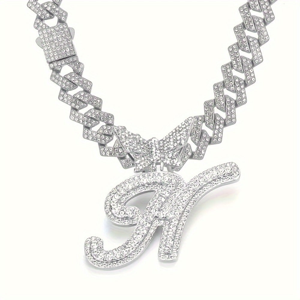 Cuban Link Chain Necklace - Initial Letter for Men Women - with Butterfly Alphabet Pendant A-Z, Gold & - product detail view