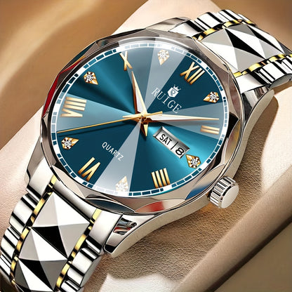 Luxury Sports Watch Men Stainless Steel Luminous Calendar Day Display – Quartz Wristwatch Fashion Casual Timepiece Gift for Men, Blue Green