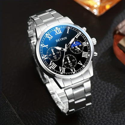 Stainless Steel Watch Set for Men 3pcs Business Chronograph Quartz Watch Necklace Bracelet World Time Analog Gift Set Professional Formal
